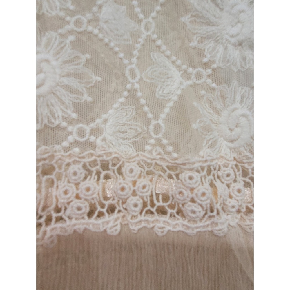 Free People Vintage Cream Silk Lace M Boho Blouse Sheer Ribbon V-Neck Top #22 - Picture 7 of 9